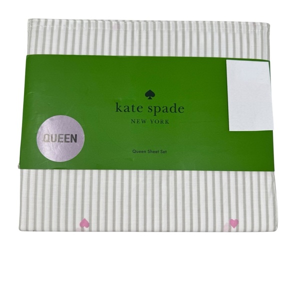 Kate Spade QUEEN Sheet Set WHITE & GRAY stripe pink hearts Cotton Percale NWT - Picture 1 of 7